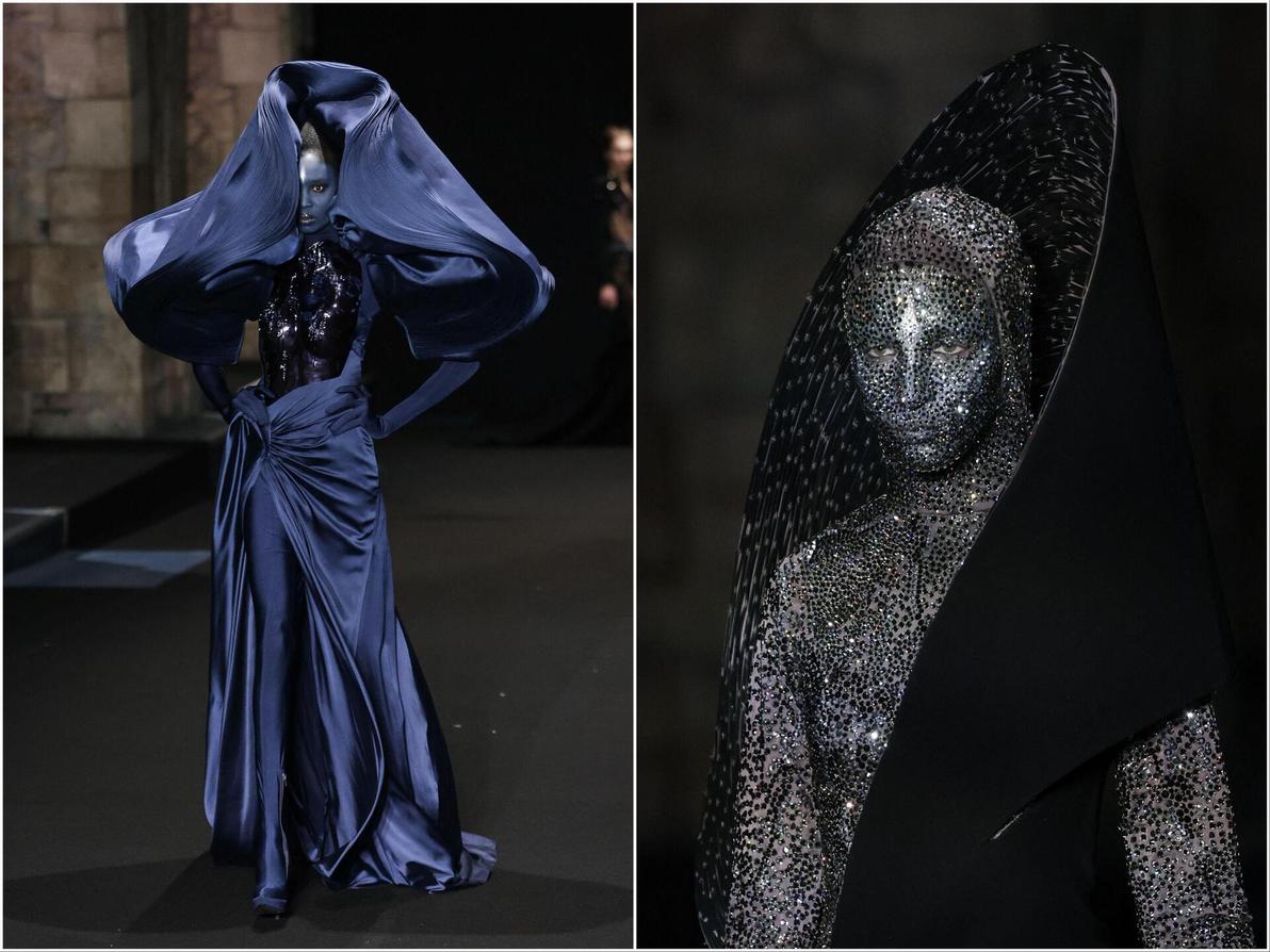 לא פלא שעל המסלול צעדו דוגמניות שגופן ופניהן כוסו וקושטו, כמו שכבת עור חדשה המציגה תהליך החלמה מכוויות (צילום: Thibaud MORITZ/AFP) גוארב גופטה, תצוגת הוט קוטור לאביב-קיץ 2025