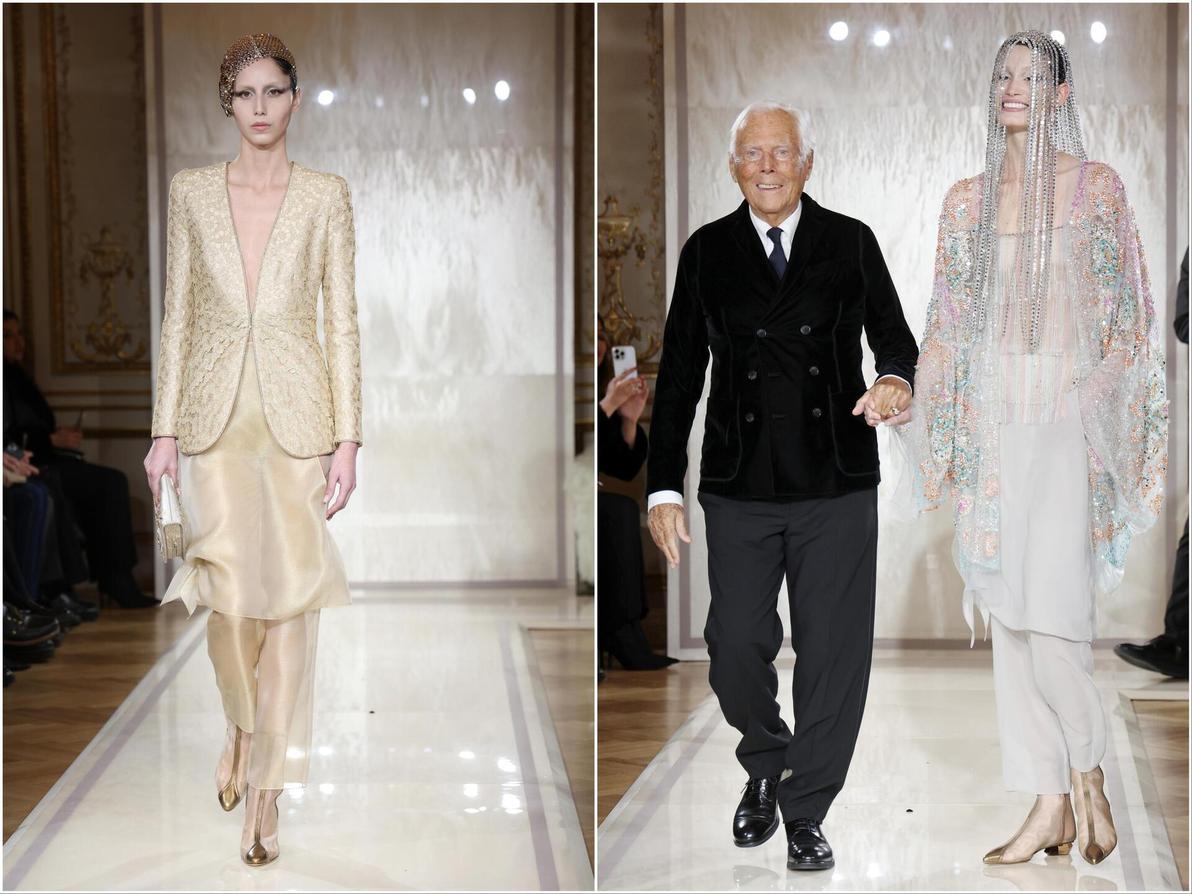 המעצב ג'ורג'יו ארמאני חגג 20 שנות קוטור בפריז, כשעל המסלול גם הדוגמנית גאיה כחילה, חיילת בת 21 מבאר שבע (צילום: Pascal Le Segretain/Getty Images) ג'ורג'יו ארמאני פריווה, תצוגת הוט קוטור לאביב-קיץ 2025