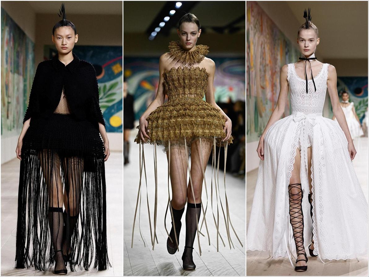 בדיור הציגו קרינולינות קצרות וחושפות רגליים לצד עיצובי שיער המרפררים לפאנק. מיקס צעיר וסקסי (צילום: REUTERS/Benoit Tessier, JULIEN DE ROSA/AFP) כריסטיאן דיור, תצוגת הוט קוטור לאביב-קיץ 2025