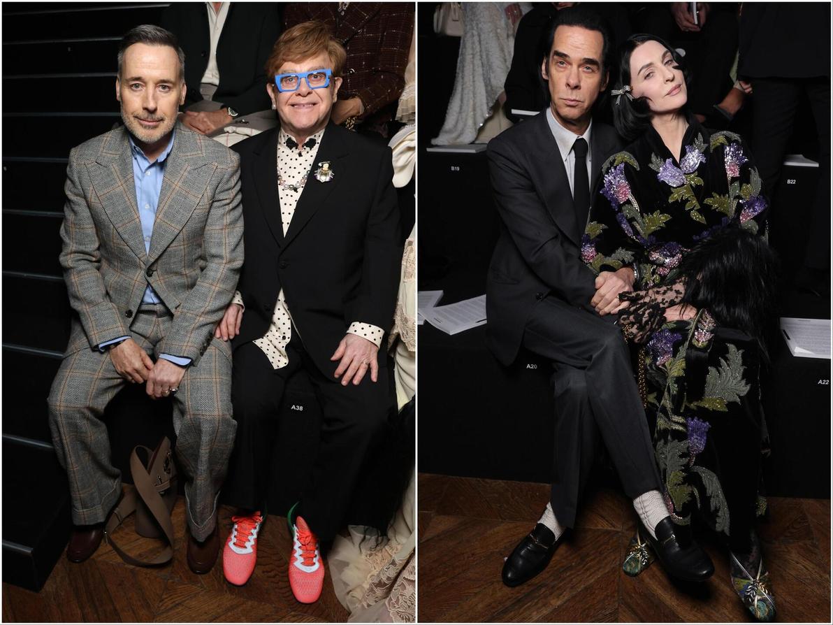 אצולת המוזיקה הבינלאומית בשורה הראשונה של ולנטינו: אלטון ג'ון ודיוויד פורניש לצד ניק וסוזי קייב (צילום: Victor Boyko/Getty Images for Valentino) ניק וסוזי קייב, אלטון ג'ון ודיוויד פורניש בשורה הראשונה של ולנטינו, תצוגת הוט קוטור לאביב-קיץ 2025