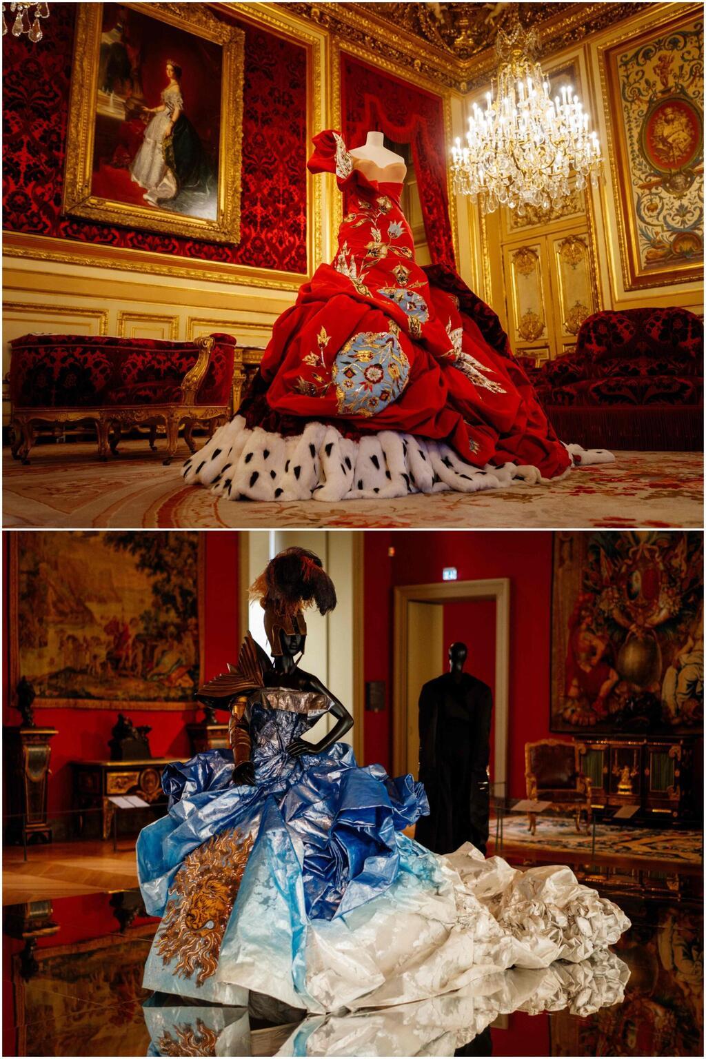 שמלות קוטור של גליאנו לדיור ב"לובר קוטור. אופנה ואמנות: יצירות עם אמירה" (צילום: Dimitar DILKOFF/AFP) שמלות הוט קוטור של ג'ון גליאנו לדיור בתערוכה "לובר קוטור. אופנה ואמנות: יצירות עם אמירה"