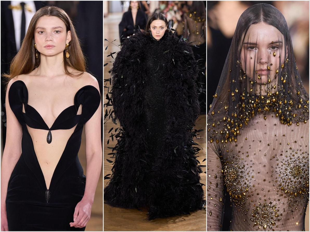 משחקי שקיפות, מעילי סטייטמנט דרמטיים ומחשופים בצורות מעניינות, בלטו בתצוגה של המעצב הלבנוני ג'ורג' חובייקה (צילום: Francois Durand/Getty Images) ג'ורג' חובייקה, תצוגת הוט קוטור לאביב-קיץ 2025