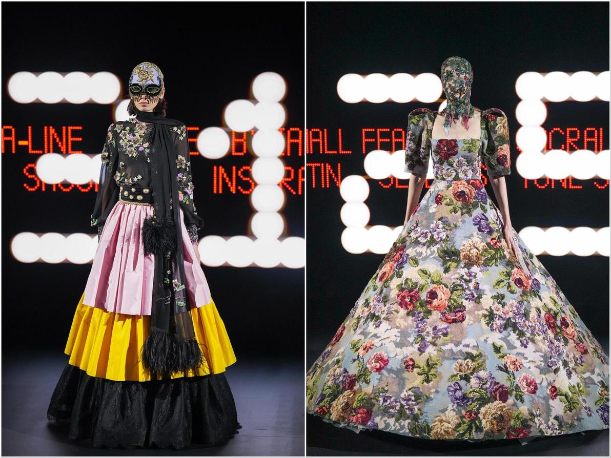 שמלות תקופתיות, פאנק, מסכות פנים מתוכשטות ושילובים שיצרו כאוטיות הרמונית, הגדירו מחדש את הטעם הטוב בוולנטינו (צילום: AP Photo/Lewis Joly) ולנטינו, תצוגת הוט קוטור לאביב-קיץ 2025