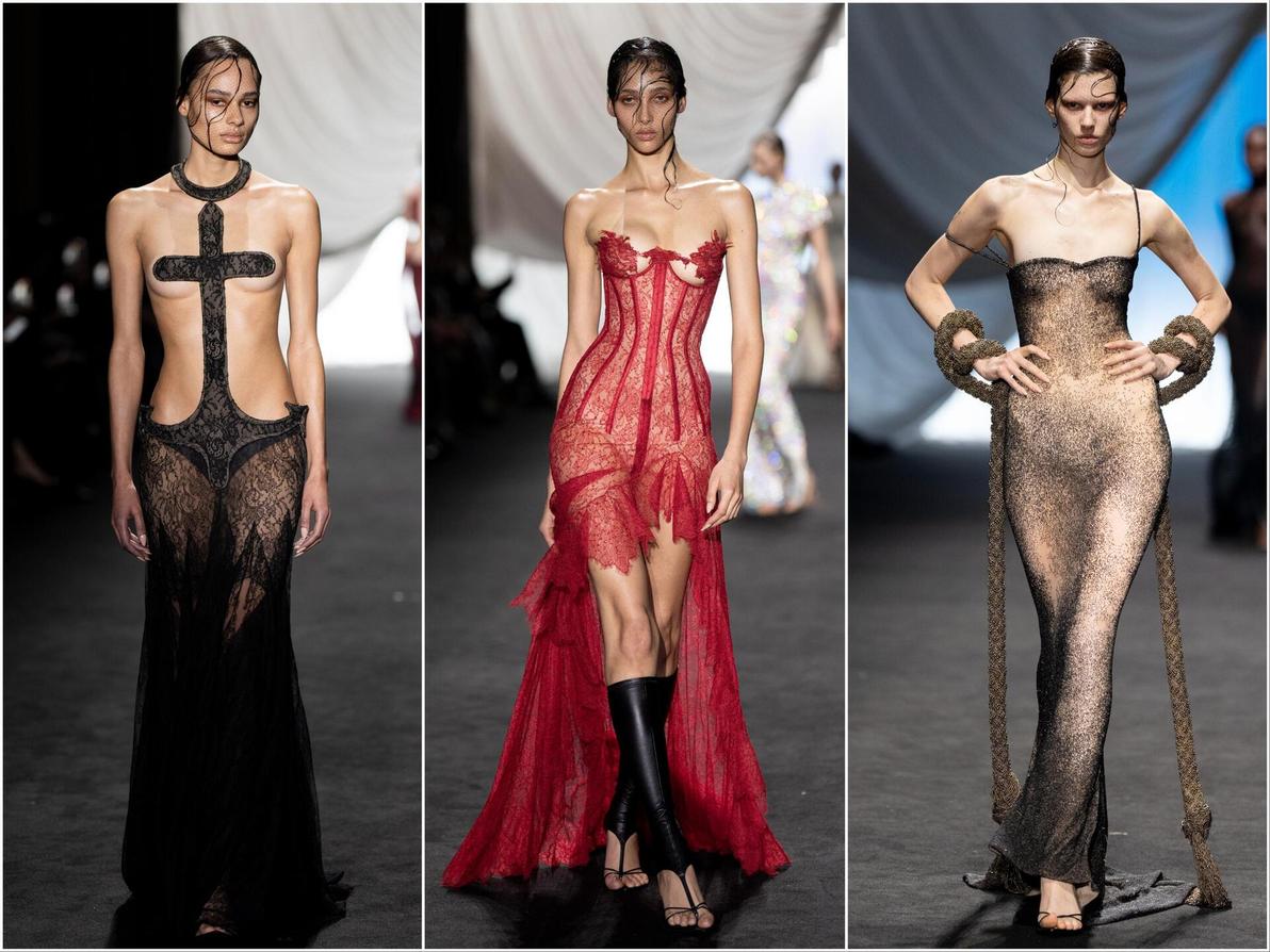 העיצובים החושניים, הגזרות הצמודות והעירום הלא מרומז, הפכו את התצוגה של דה סן סרנין לסקסית ביותר השבוע (צילום: AP Photo/Lewis Joly) ז'אן פול גוטייה, תצוגת הוט קוטור לאביב-קיץ 2025