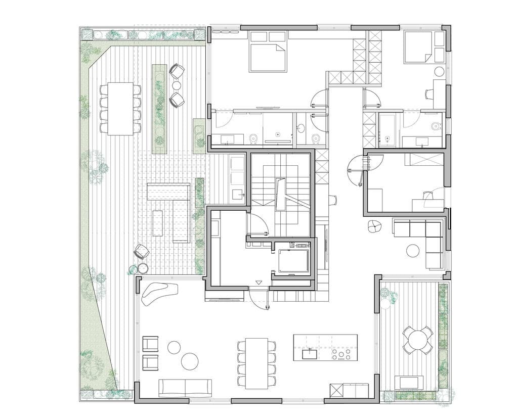 תוכנית הפנטהאוז. 180 מ"ר פנים ועוד 115 מ"ר של מרפסת (שרטוט: דודי אוחיון) תוכנית הפנטהאוז. 180 מ"ר פנים ועוד 115 מ"ר של מרפסת