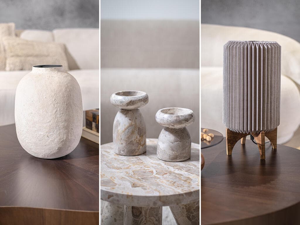 פמוטי צוקולנט מארבל: 228 שקל ו-198 שקל, מנורת שולחן דגם מטאור נטורל: 580 שקל, ואזה דגם סנדסטון: 368 שקל (צילום: דרור קליש) פלורליס