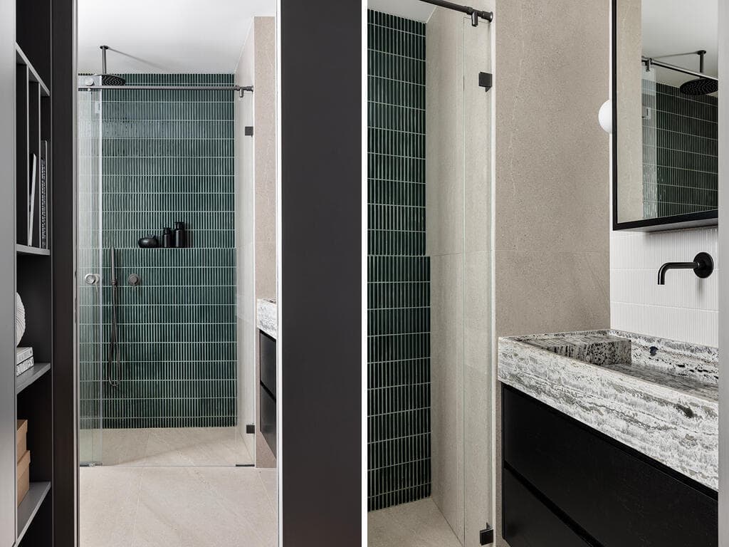 חדר רחצה עם נגיעות טורקיז (צילום: איתי בנית) הדירה הסולידית בקומה 23, עיצוב: אפרת וינרב