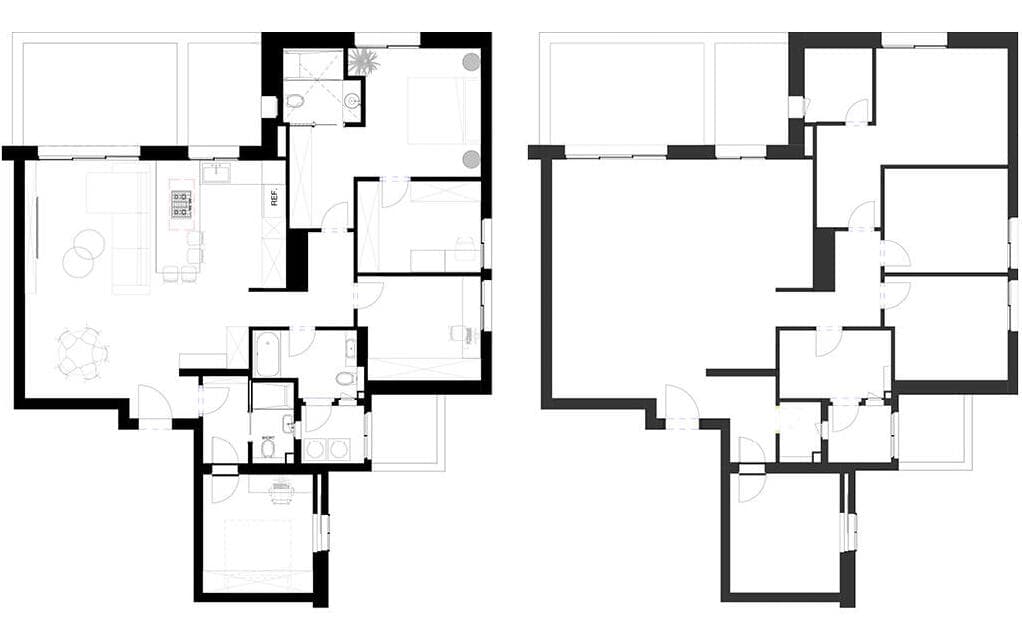 הדירה הנועזת לפני (מימין) ואחרי (שרטוט: אפרת וינרב אדריכלים) הדירה הנועזת לפני (מימין) ואחרי