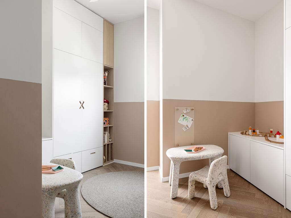 אחד מחדרי הילדים. גוונים רכים (צילום: איתי בנית) הדירה הסולידית בקומה 23, עיצוב: אפרת וינרב