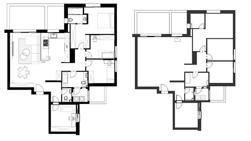 הדירה הסולידית לפני (מימין) ואחרי (שרטוט: אפרת וינרב אדריכלים) הדירה הסולידית לפני (מימין) ואחרי