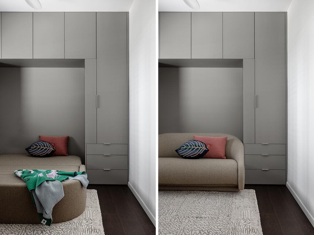 הממ"ד הוא גם חדר אורחים עם ספה נפתחת (צילום: איתי בנית) הדירה הנועזת בקומה 3, עיצוב: אפרת וינרב