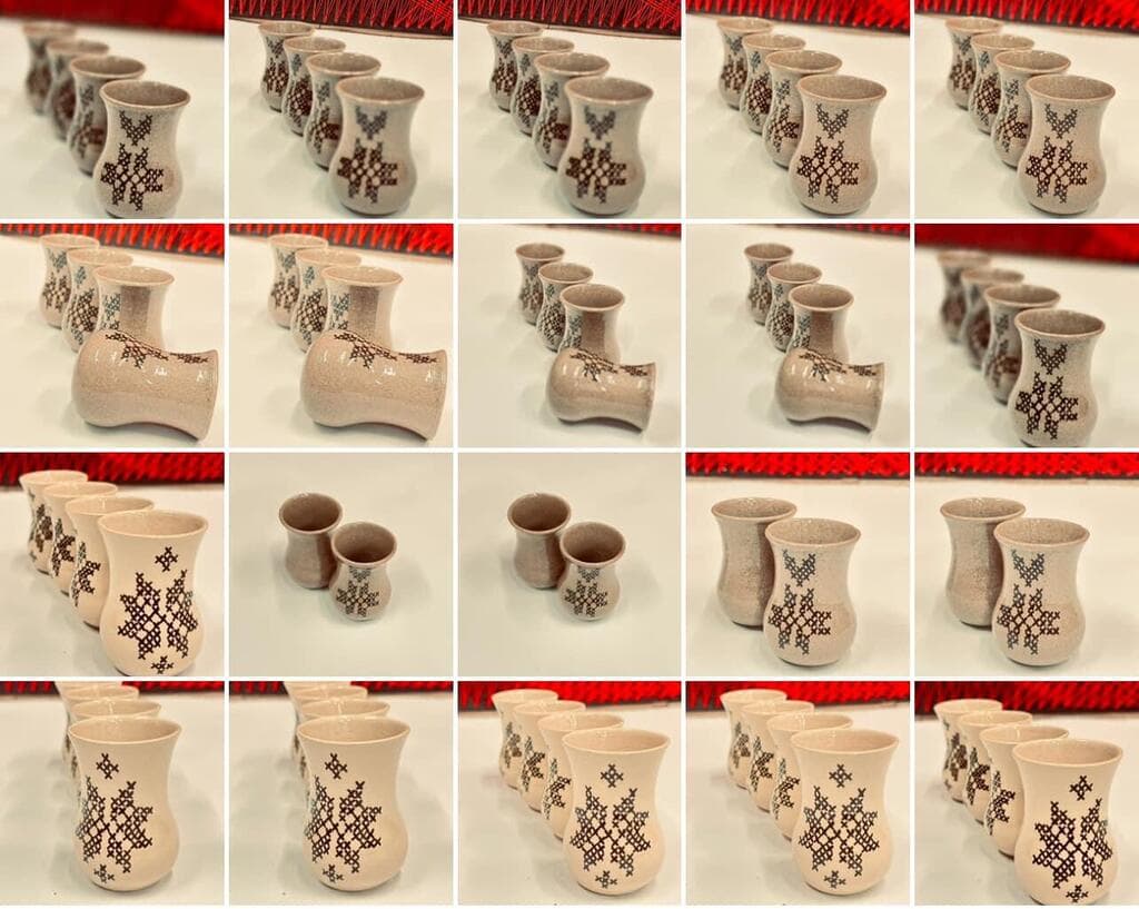 כוסות שתייה בעיטור רקמה בדואית מסורתית (צילום: שימא גריביע) כלים שימושיים לבית מעוטרים ברקמה בדואית מסורתית, זינב גריביע