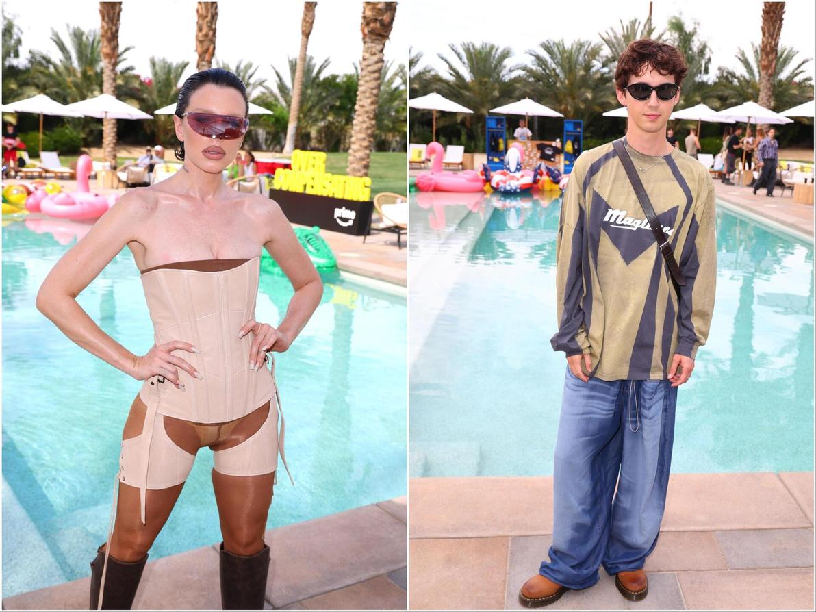 ג'וליה פוקס במראה שגורר תשומת לב עם פוקוס למפשעה (הטרנד של הקיץ) וטרוי סיוון מתחבא בבגדי אוברסייז (צילום: Joe Scarnici/Getty Images for Prime Video) טרוי סיוון וג'וליה פוקס בפסטיבל קואצ'לה, 2025