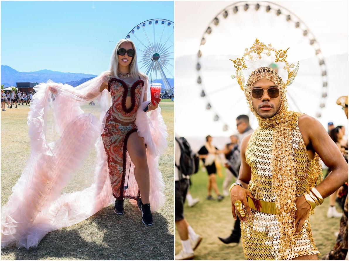 נוצות, כוכבים, פאייטים וקשתות. הקהל בקואצ'לה שמר על קוד לבוש צבעוני (צילום: VALERIE MACON/AFP, Matt Winkelmeyer/Getty Images for Coachella) קהל בפסטיבל קואצ'לה, 2025