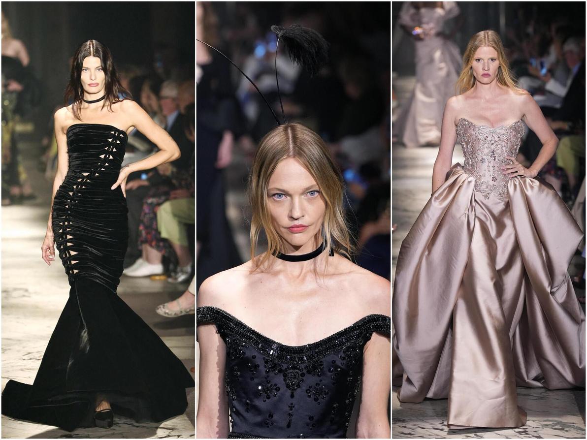 לארה סטון, סשה פיבוברובה ואיזבלי פונטנה בתצוגת הוט קוטור של אלי סאאב לסתיו-חורף 2025-26 בפריז