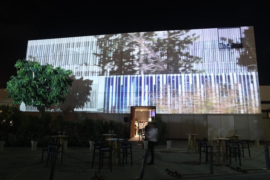 אירוע ההשקה לספר. יצירה המוקרנת על חזית המבנה: רן סלוין