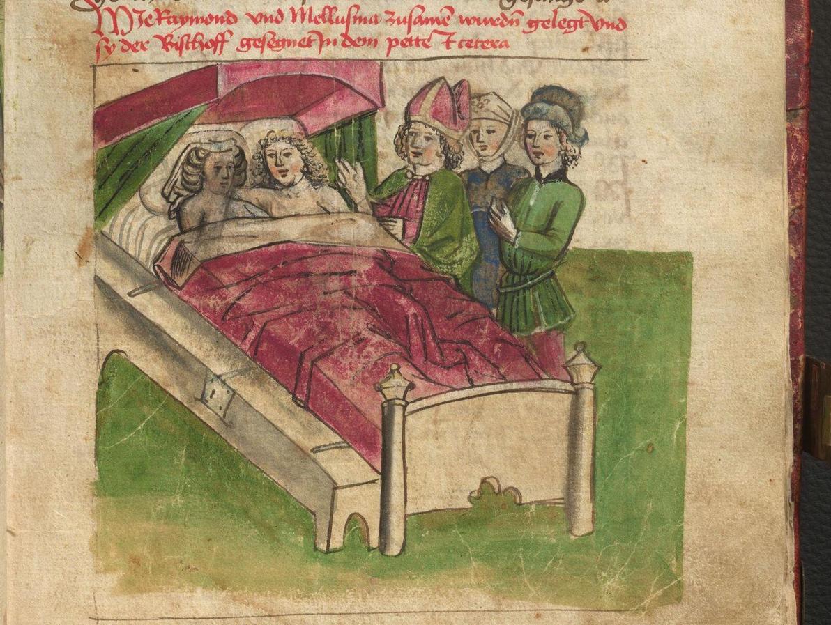 מיניות תחת שליטה, גרסת המאה ה-15. ועדה בראשות בישוף בודקת את המתרחש במיטה בין בני  זוג