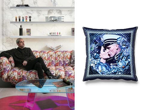 אורון מילשטיין בחלל שעיצב ולצדו כרית נוי מהקולקציה שתוצג בפריז