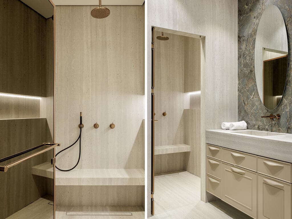 חדר רחצה עם אריחים מדוקקים גדולים מטרוורטין של טופז קרמיקה. עיצוב: עדי שמיסיאן