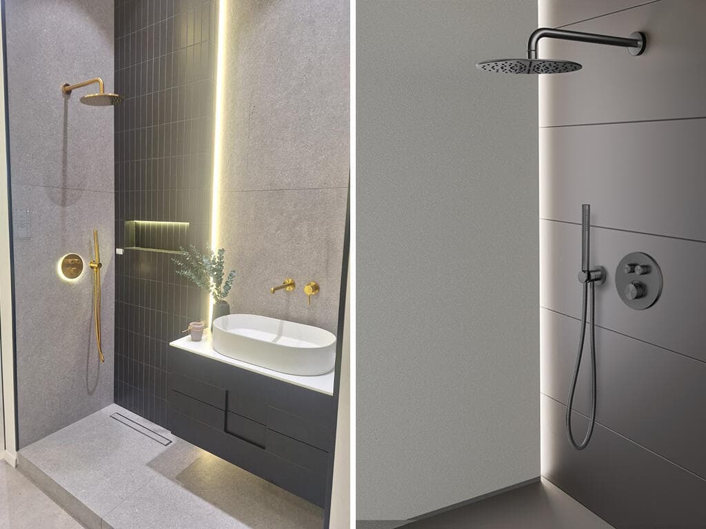 מימין מערכת חכמה לשליטה בעוצמה ובטמפרטורת המים, משמאל מערכת מים חכמה באינטרפוץ של המקלחון יחד עם ריצוף וחיפוי בהיר טבעי