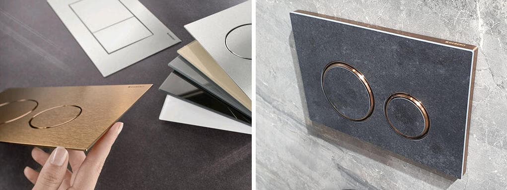 לחצני הפעלה למכל הדחה סמוי של Geberit השוויצרית. ליין של לחצני הפעלה מינימליסטיים סדרת סיגמה מעוצבים בצורה הכי שטוחה אך לא בקו אפס עם הקיר