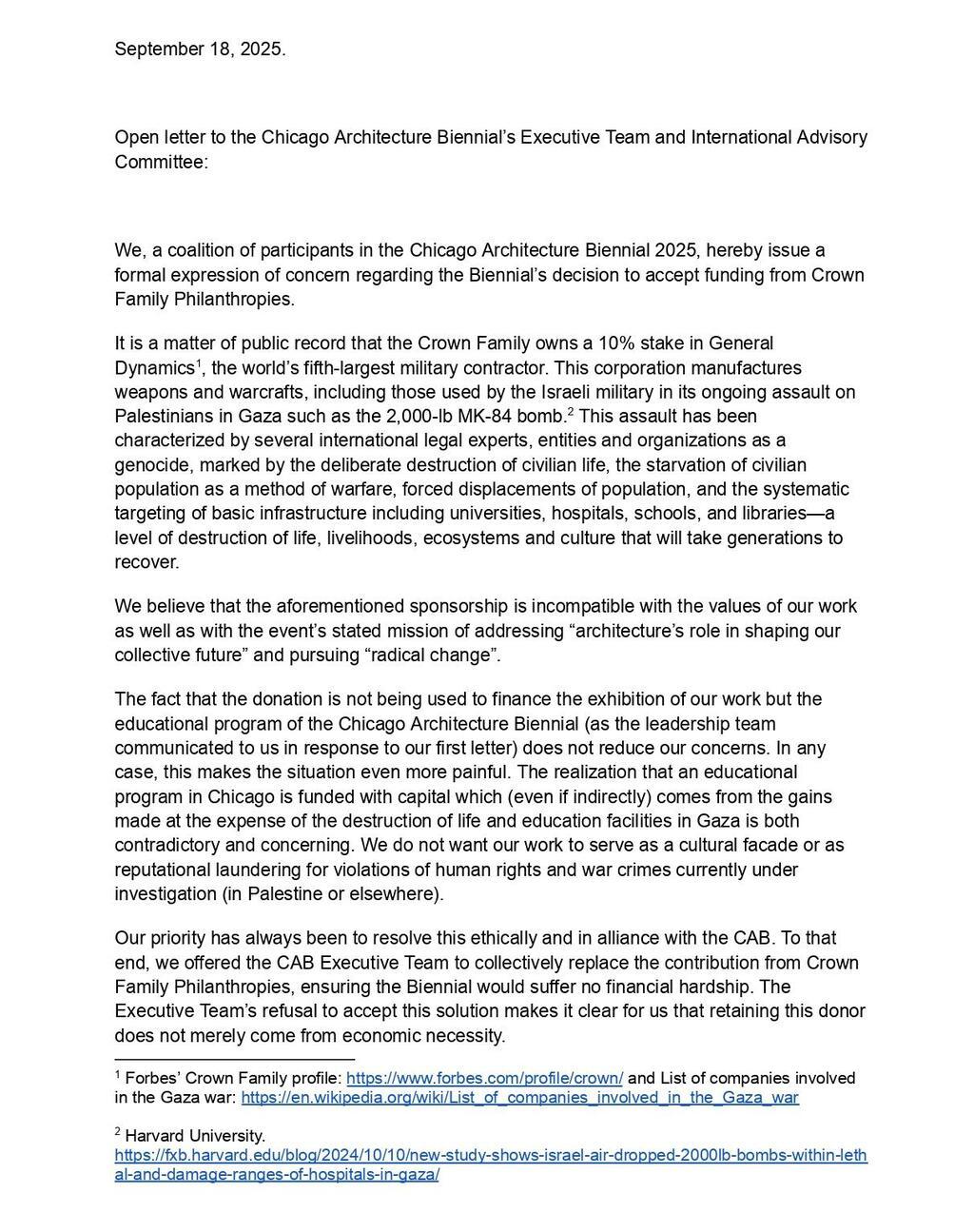 המכתב שפרסמו חמישית מהמשתתפים בביאנלה נגד קרן קרון ופעילותה