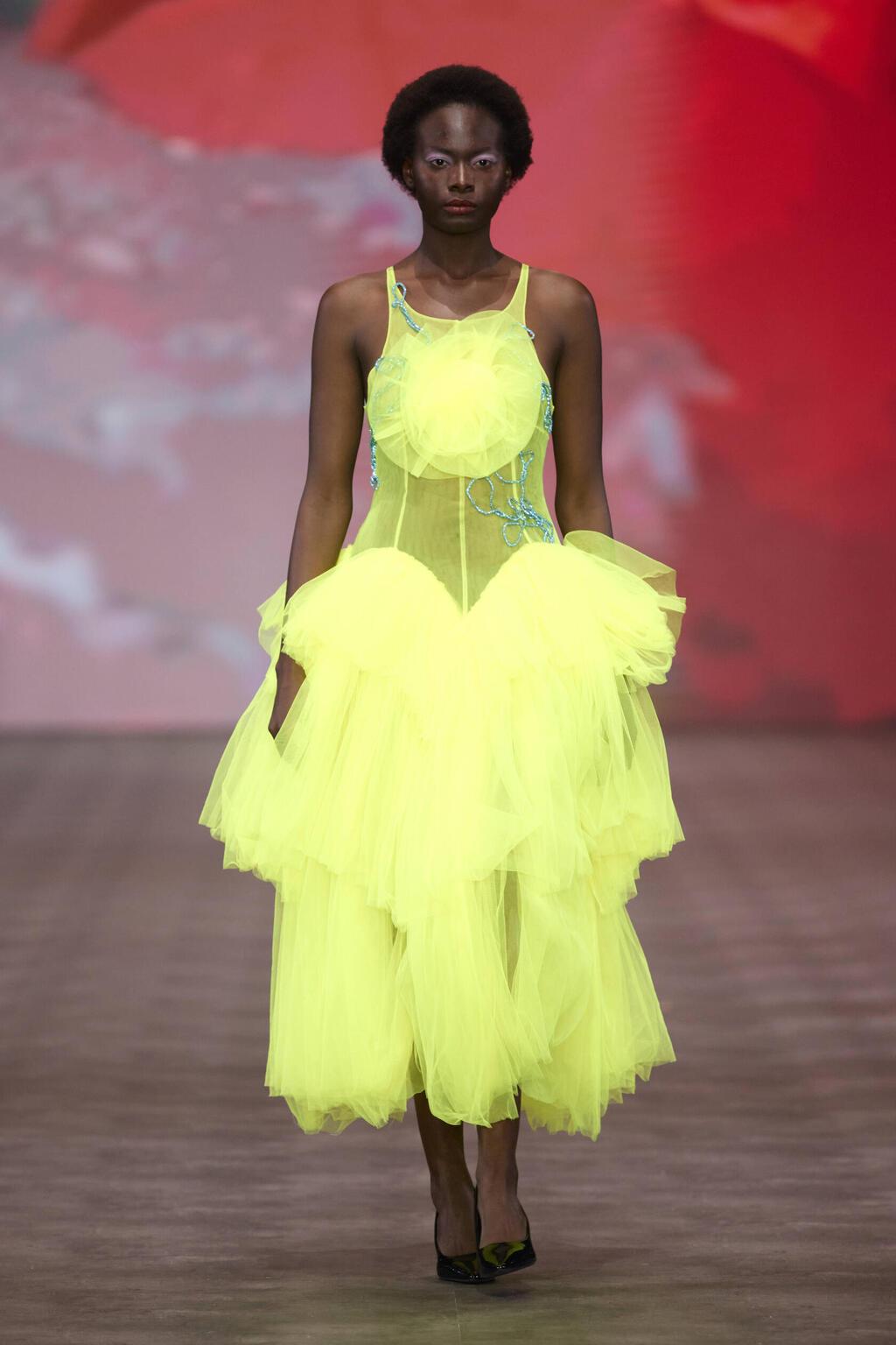 חיבור בין בדי טול, רקמות בעבודת יד וצללית טרנדית. שחר אבנט (צילום: עומרי רוזנגרט) התצוגה של שחר אבנט בשבוע האופנה תל אביב, 2025