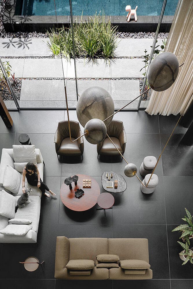 הספות הוצבו באופן שמעודד שיח (צילום: שי אפשטיין) וילה בשרון, אדריכלות ועיצוב: נורית בן יוסף