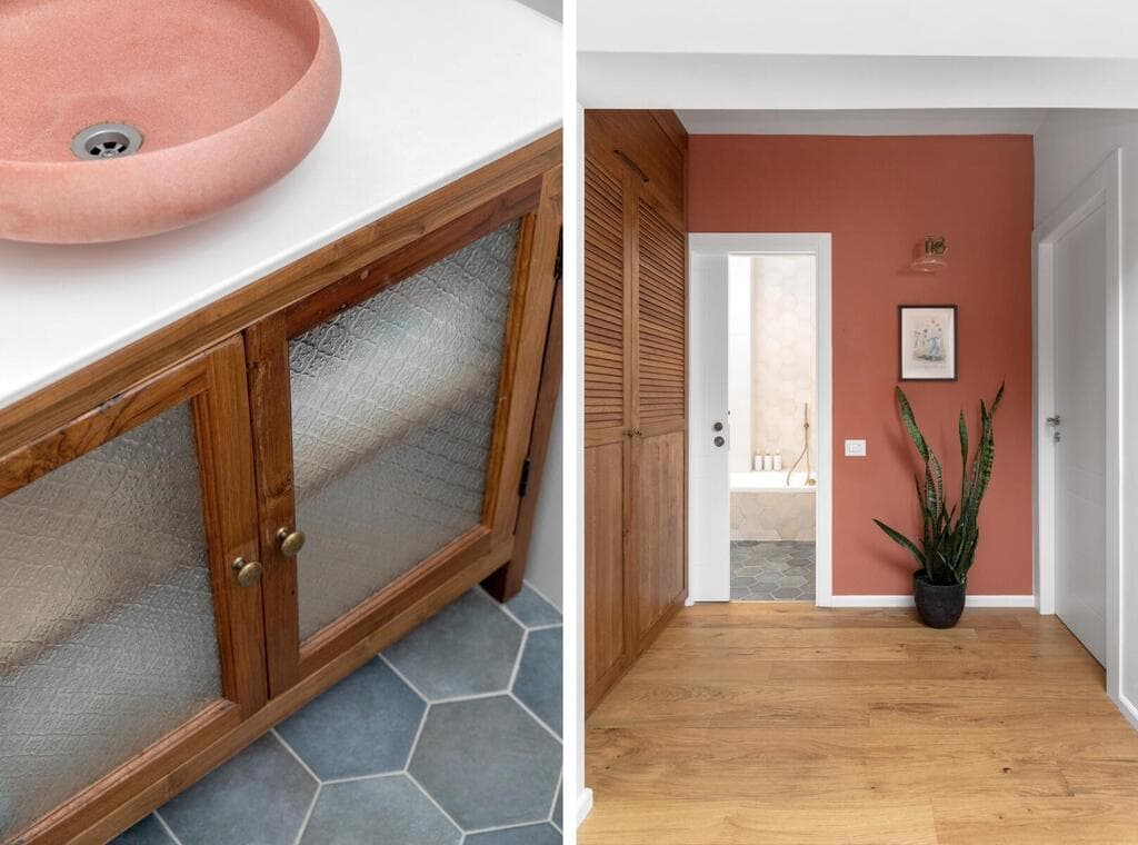 חמרה על הקיר ובכיור (צילום: שירן כרמל) דירת הקשתות, מעוז אביב, עיצוב: מיה חכמו גולדברג ורונית חלג