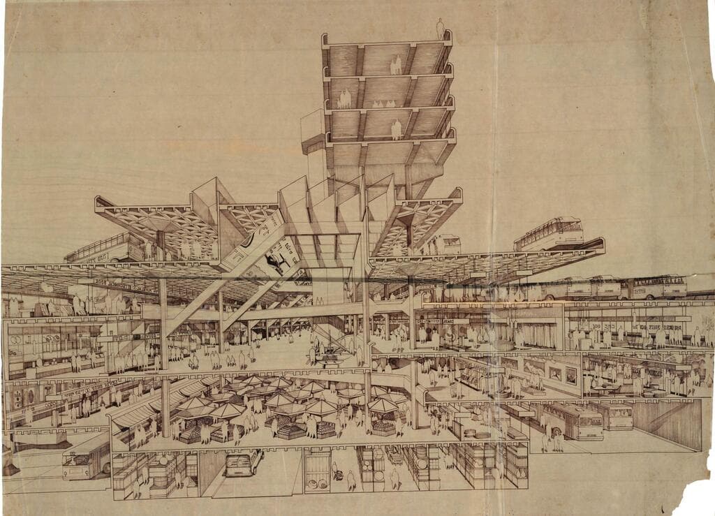 התחנה המרכזית החדשה, תל-אביב, 1965-93: חתך פרספקטיבי, חלופה חמישית (1967), דיו על העתק שמש על נייר פרגמנט