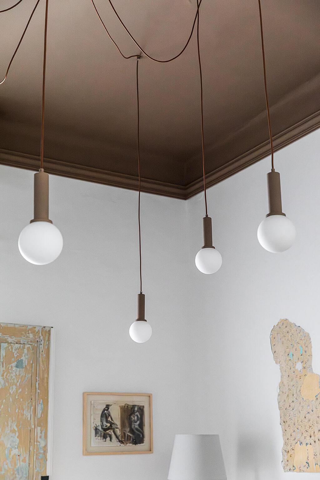 תקרה בחום שוקולד, גוף תאורה בצורת עכביש ועדויות לחיים מפעם (צילום: גדי יוסף) בית בנווה צדק, עיצוב: נעמה רודין אשר