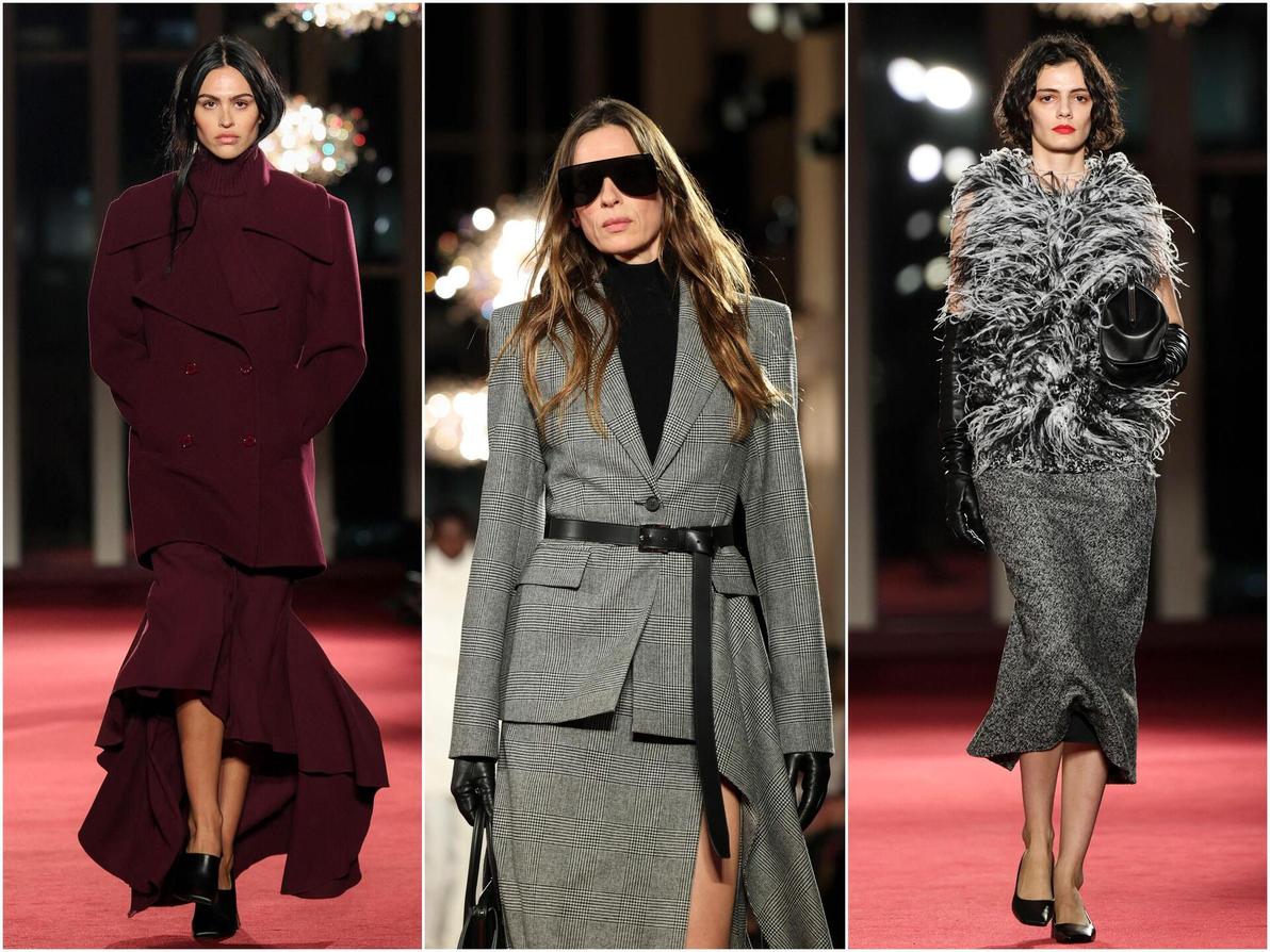 חליפות בקווים נקיים, מעילים רכים ושמלות ערב בגווני בורגונדי ושחור, הרכיבו על המסלול את הקוד הגנטי של קורס (צילום: ANGELA WEISS/AFP) מייקל קורס, תצוגת סתיו-חורף 2026-27 בשבוע האופנה בניו יורק