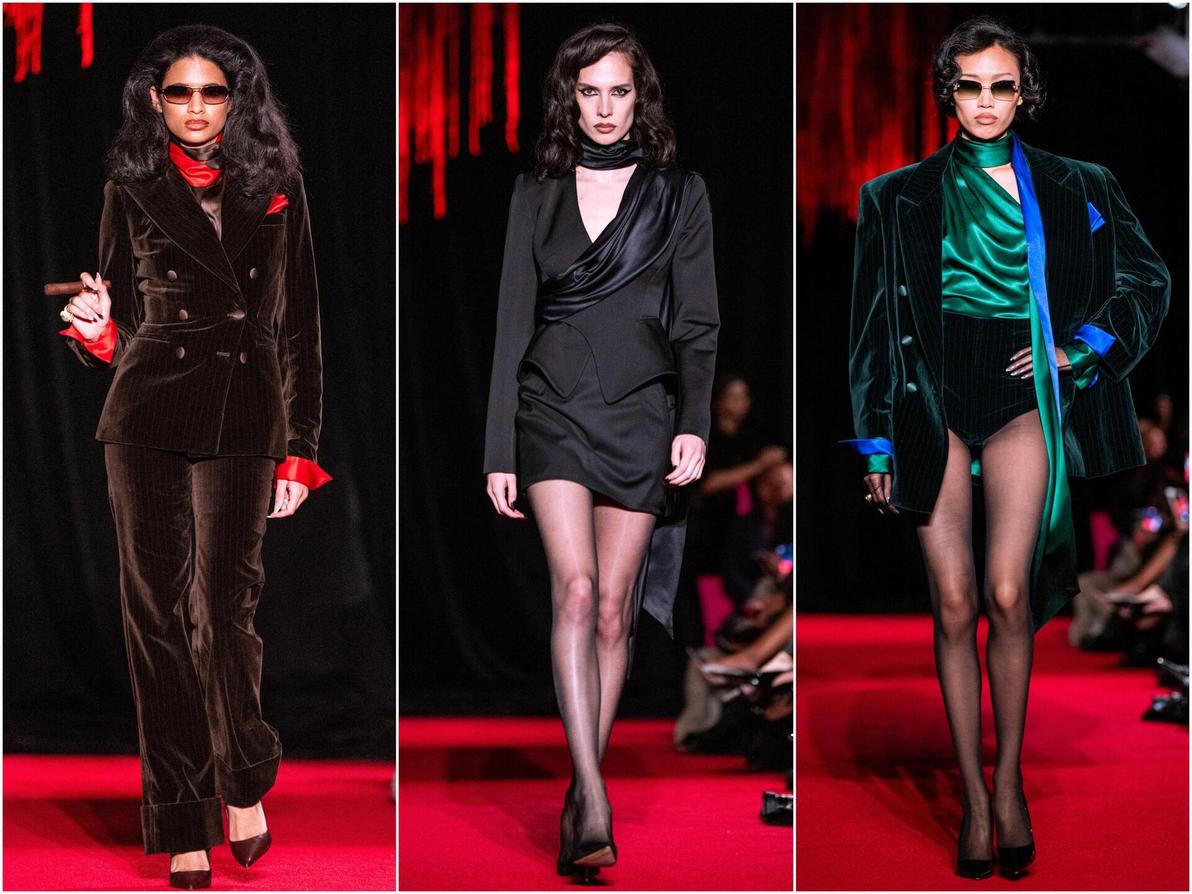 חליפות הקטיפה של סמית' שידרו רכות ועוצמה יחד. על הסיגר הכבוי שבידי הדוגמנית אפשר היה לוותר (צילום: REUTERS/Angelina Katsanis) לקוואן סמית', תצוגת סתיו-חורף 2026-27 בשבוע האופנה בניו יורק