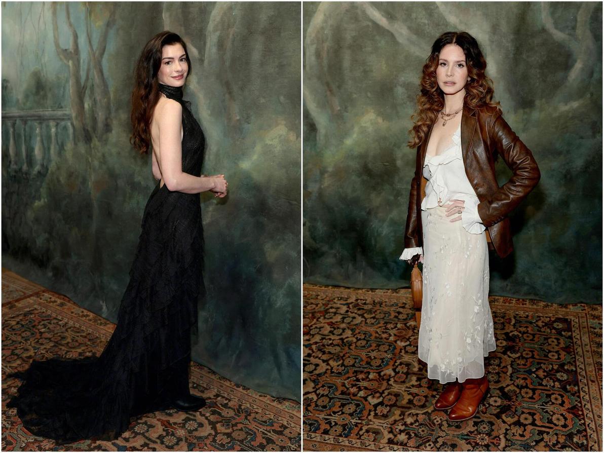 בשורה הראשונה בלטו לנה דל ריי, ואן האת'וויי שמקדמת את סרטה החדש: "השטן לובשת פראדה 2" (צילום: Dimitrios Kambouris/Getty Images/AFP) לנה דל ריי בתצוגת סתיו-חורף 2026-27 של ראלף לורן בשבוע האופנה בניו יורק