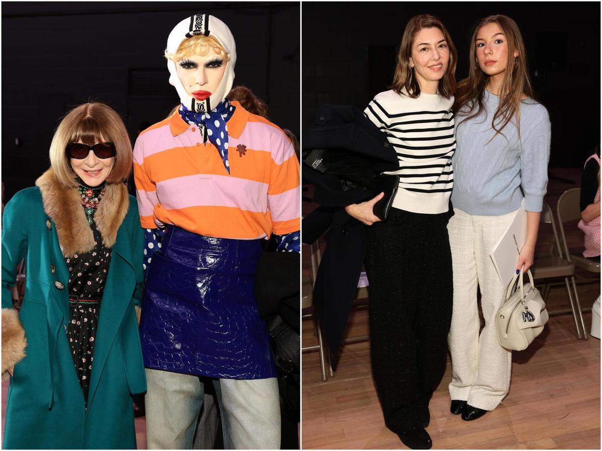 צפוף אצל ג'ייקובס: סופיה קופולה ובתה קוסימה, אנה ווינטור מחובקת עם הדראג קווין CT Hedden (צילום: Dimitrios Kambouris/Getty Images for Marc Jacobs) מארק ג'ייקובס, שורה ראשונה בתצוגת סתיו-חורף 2026-27 בשבוע האופנה בניו יורק