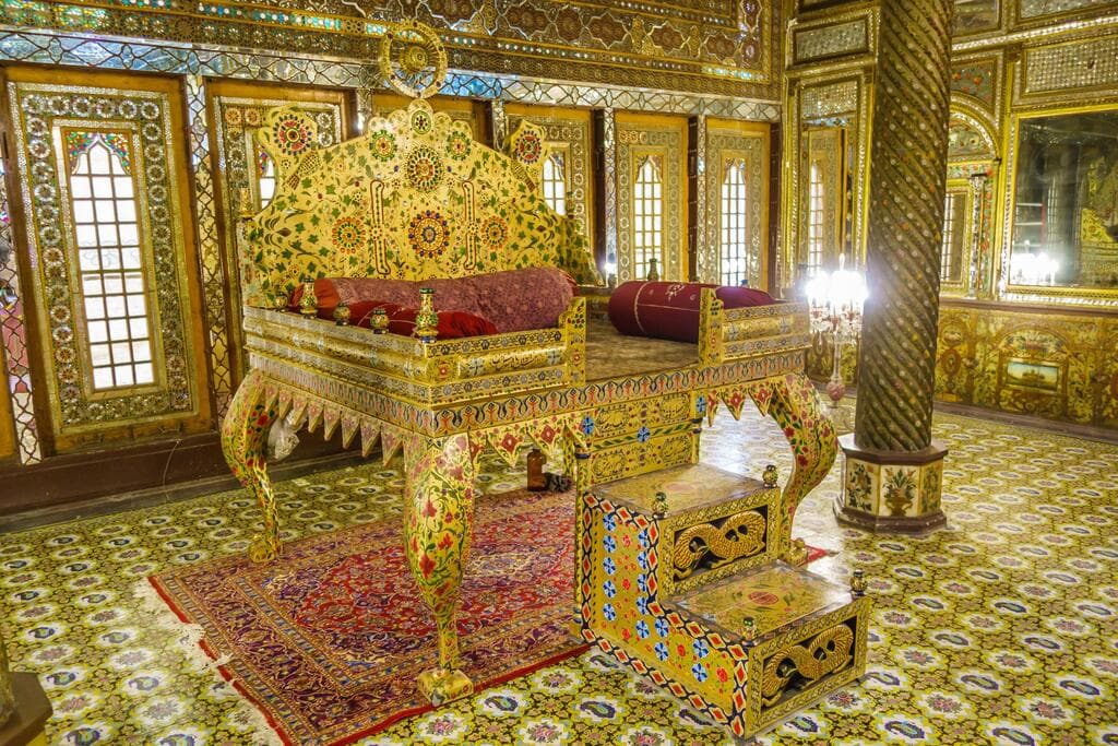 Shah's historic Sun Throne in the Hall of Mirrors at Golestan Palace 
