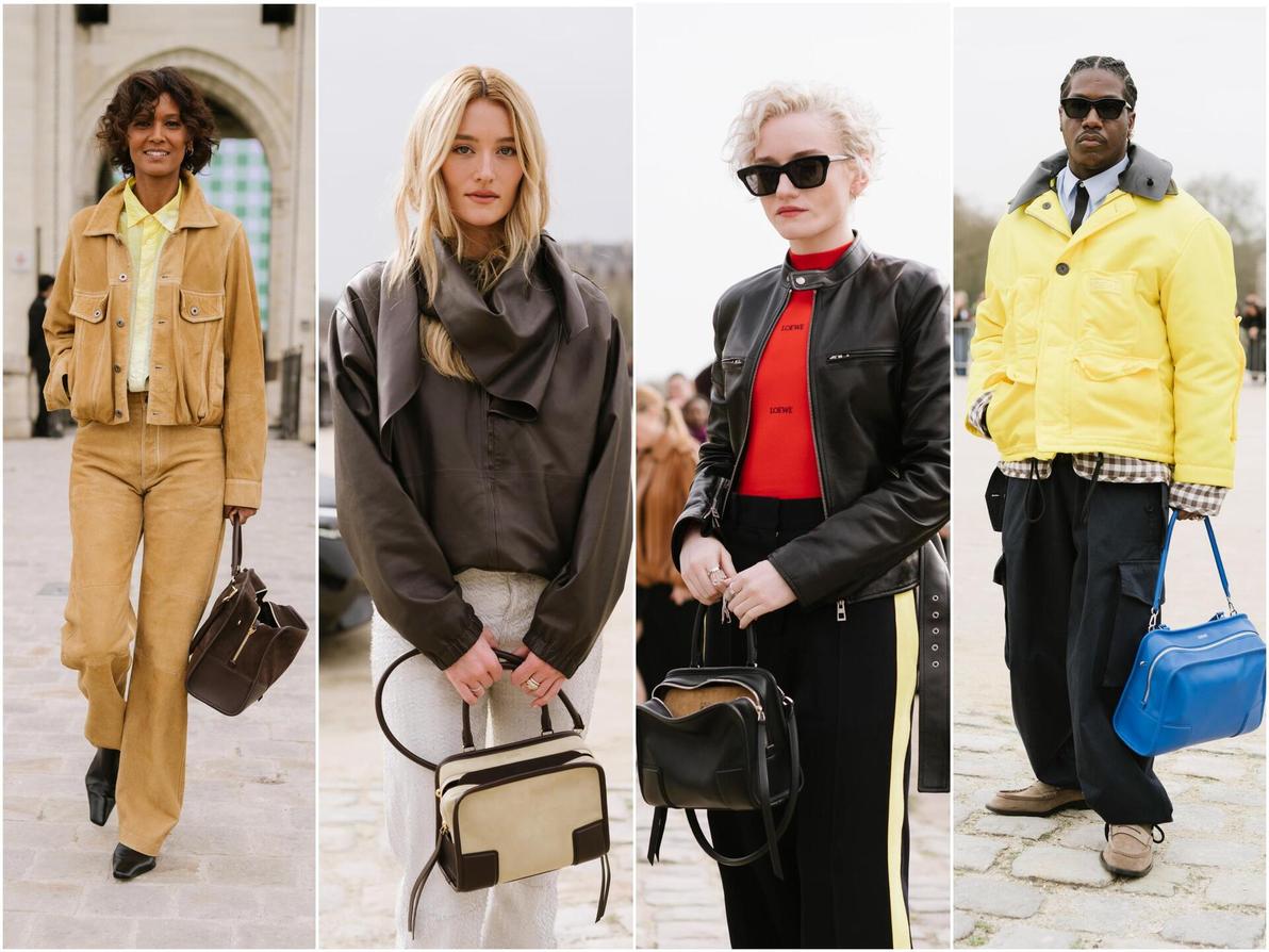 האורחים בתצוגה של לואווה נשאו את תיק היד החדש של המותג מדגם "אמזונה", שמסתמן כלהיט העכשווי (צילום: Vanni Bassetti/Getty Images for Loewe) השורה הראשונה בלואווה, תצוגת סתיו-חורף 2026-27 בשבוע האופנה בפריז
