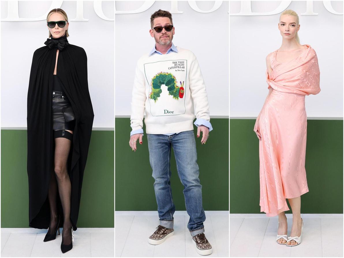 בדיור היו אלה שרליז ת'רון ואניה טיילור ג'וי, שקיבלו חיזוק מכוכב שבוע האופנה: מקולי קאלקין (צילום: Arnold Jerocki/Getty Images for Christian Dior) השורה הראשונה בדיור, תצוגת סתיו-חורף 2026-27 בשבוע האופנה בפריז