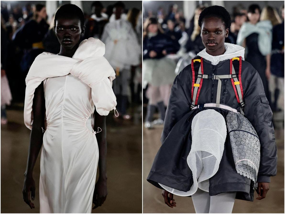 עיצוביה כוללים לרוב שמלות אווריריות ונפוחות עם רקמות, פרחים תלת-ממדיים, סרטים ושרוולים דרמטיים (צילום: STEPHANE DE SAKUTIN/AFP) ססלי בנסן, תצוגת סתיו-חורף 2026-27 בשבוע האופנה בפריז