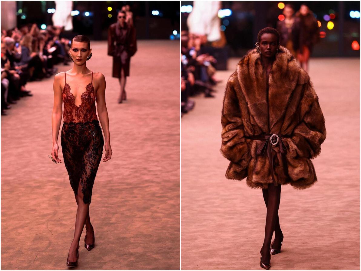 שמלות תחרה חושפות עור ומעילי פרווה מחבקים עמדו במרכז הקולקציה המשעממת בעיצוב אנתוני וקארלו לסן לורן (צילום: REUTERS/Stephane Mahe) סן לורן, תצוגת סתיו-חורף 2026-27 בשבוע האופנה בפריז