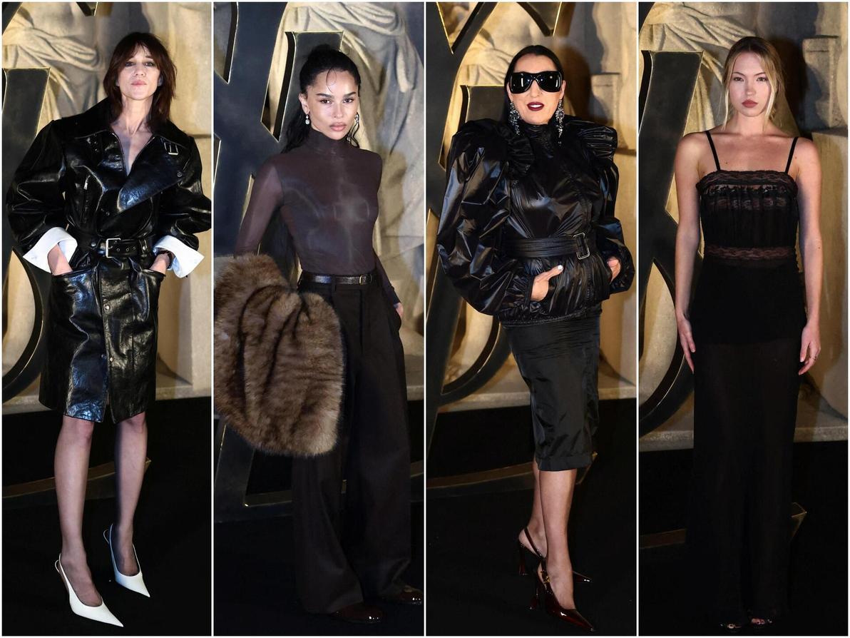 נתנו את דעתן בשורה הראשונה: שרלוט גינסבורג, זואי קרביץ, לילה מוס ורוזי דה פלמה. כולן בשחור על שחור (צילום: REUTERS/Stephane Mahe) השורה הראשונה בסן לורן, תצוגת סתיו-חורף 2026-27 בשבוע האופנה בפריז