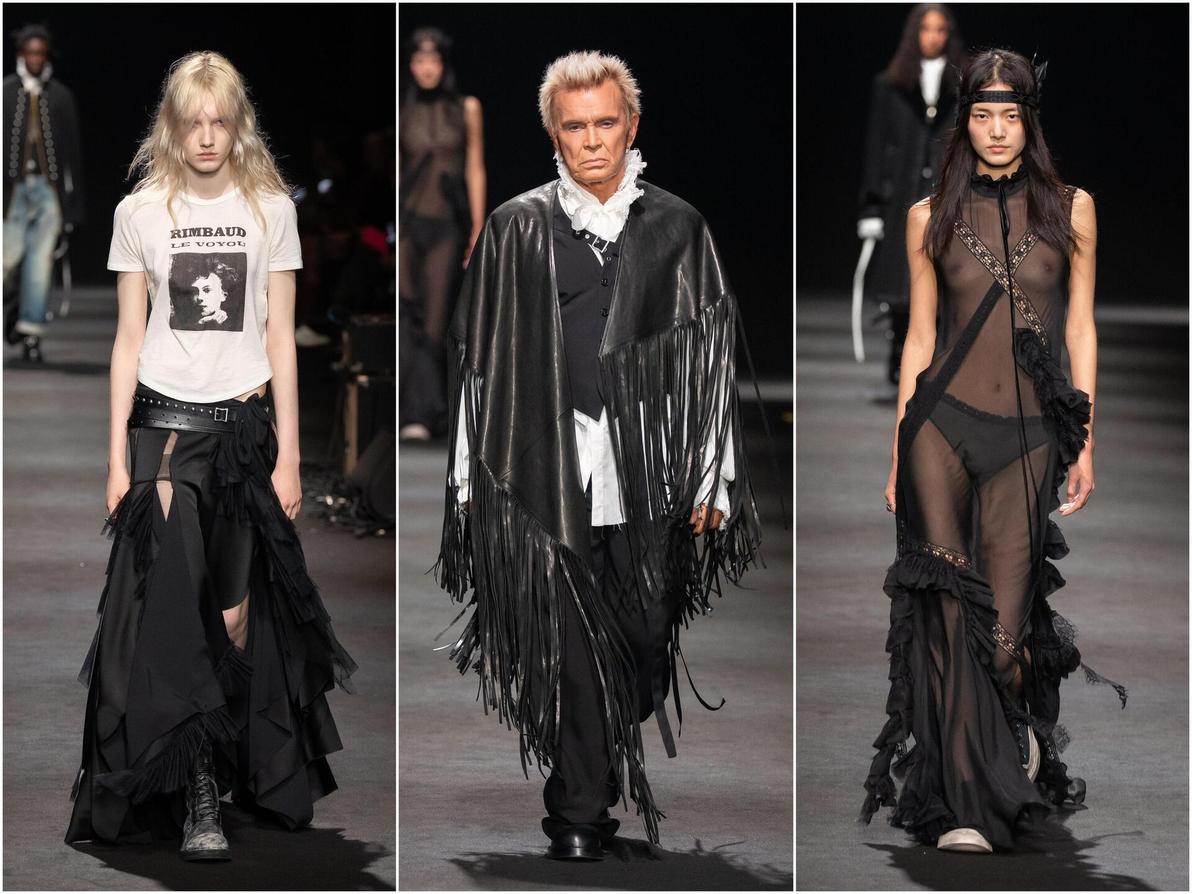 הגימיקים בפריז לא פסקו העונה. הזמר בילי איידול בן ה-70 צעד בתצוגה של אן דמולמיסטר לצד דוגמניות צעירות (צילום: Francois Durand/Getty Images) אן דמולמיסטר, תצוגת סתיו-חורף 2026-27 בשבוע האופנה בפריז