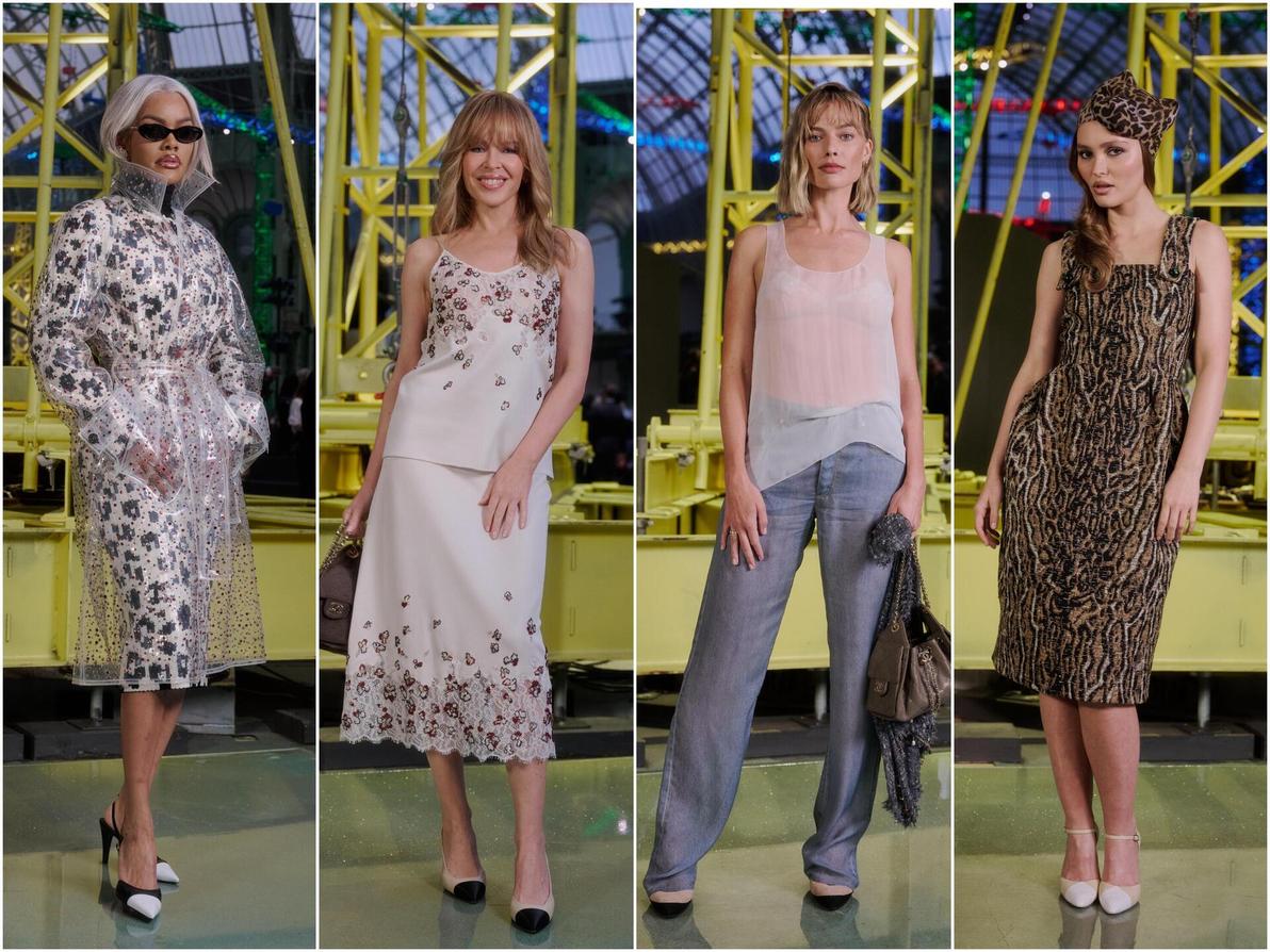 בשורה הראשונה של שאנל התייצבו קיילי מינוג, לילי רוז דפ, טייאנה טיילור ומרגו רובי בג'ינס וגופייה (צילום: Photo by Pierre Mouton/Getty Images for Chanel) השורה הראשונה בשאנל, תצוגת סתיו-חורף 2026-27 בשבוע האופנה בפריז