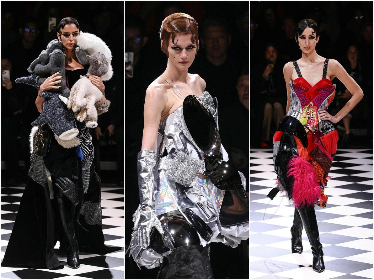 ווטאנבה הרכיב תצוגה שלמה על טהרת המיחדוש עם שמלות ערב מרהיבות שנוצרו מחפצים משומשים ויריעות טקסטיל (צילום: Alain JOCARD/AFP) ג'וניה ווטאנבה, תצוגת סתיו-חורף 2026-27 בשבוע האופנה בפריז