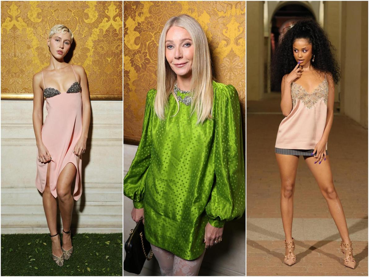 בוולנטינו הרחיקו עד רומא בתצוגת מחווה למייסד שהלך לעולמו. הגיעו לפרגן: גווינת' פאלטרו, טיילה ואיריס לאו (צילום: Victor Boyko/Getty Images for Valentino) השורה הראשונה של ולנטינו, תצוגת סתיו-חורף 2026-27 בשבוע האופנה