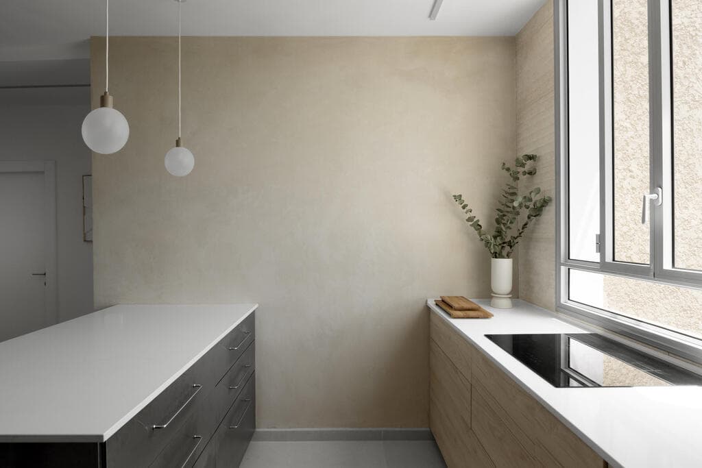 אי מחופה פורמייקה דמוית נירוסטה (צילום: גדעון לוין) שיפוץ דירה ישנה, עיצוב: שרון קנת