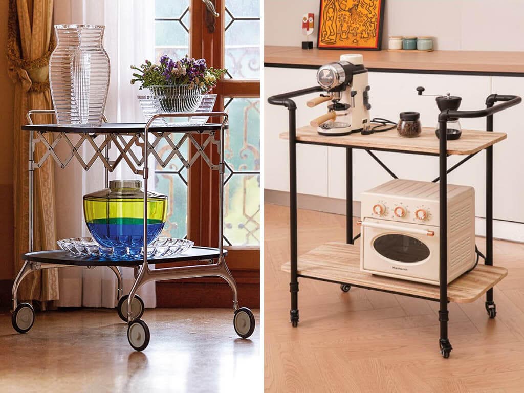 מימין - עגלת משקאות מעץ ומתכת, 350 שקל, אורבניקה, משמאל - עגלת אירוח מתקפלת בעיצוב אנטוניו צ'יטריו, מ-3,550 שקל, הביטאט