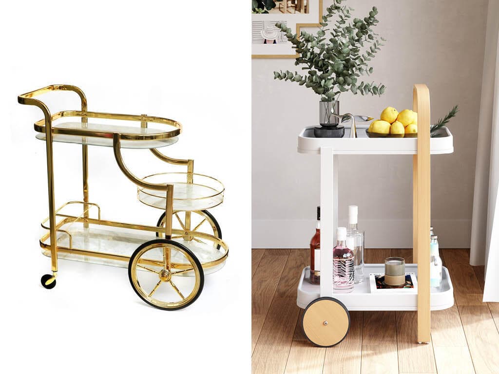 מימין - עגלה מודוחריצ דגם Bellwood, עם גלגלי גומי לתנועה חלקה, 799 שקל, רשת סוהו, משמאל -  עגלה ממתכת  זהב וזכוכית, 1,320 שקל, White Marble, יעד פרזול