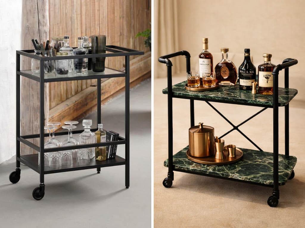 מימין - עגלה של המותג Marbella,  שיש מברזיל,  מ־2,300 שקל, שיש גטניו, משמאל - עגלת ברזל וזכוכית, קואלה סטייל, 818 שקל