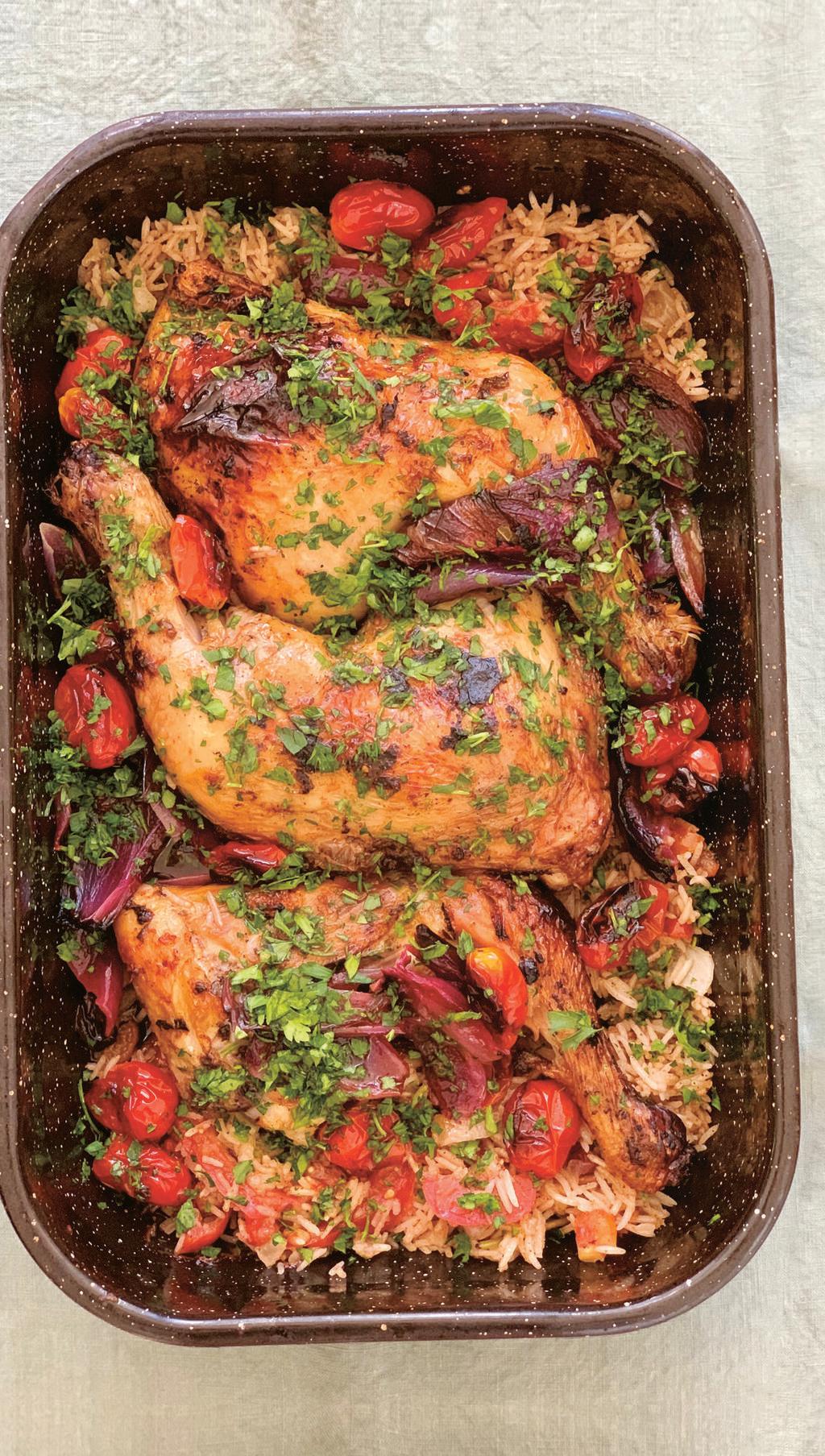  עוף עם אורז  ועגבניות בתבנית אחת